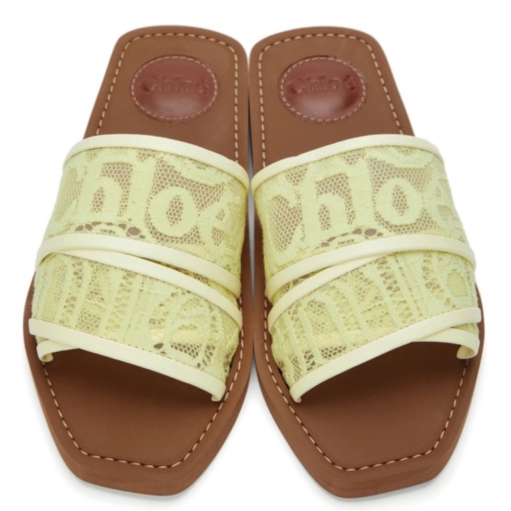 Chloé Yellow Lace Slide Sandals